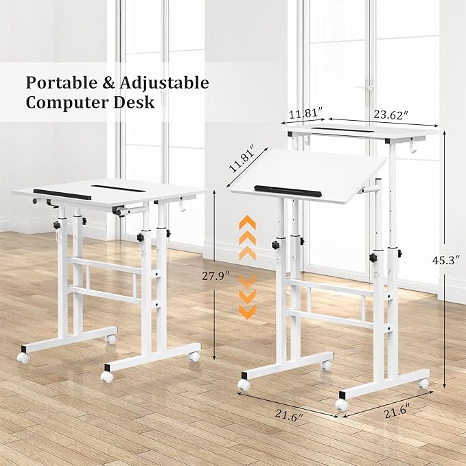 Small Standing Desk with Wheels, Mobile Stand Up Desk, Portable Standing Table on Wheels for Walking Pad, Rolling Computer Desk Adjustable Height, Tall Table