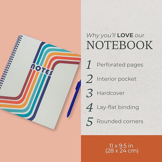 Steel Mill & Co Cute Large Spiral Notebook College Ruled, 11" x 9.5" with Durable Hardcover and 160 Lined Pages (Retro Stripe)