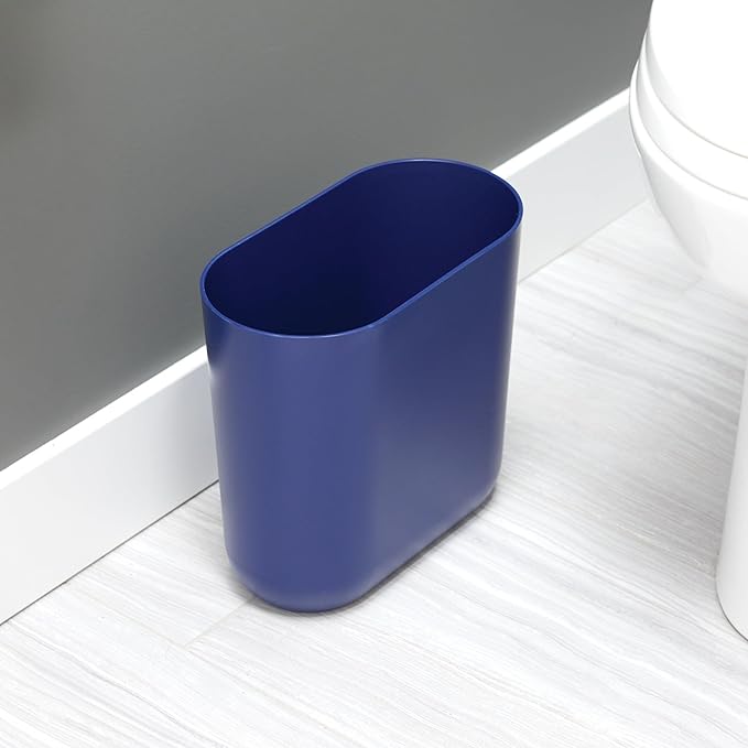 iDesign Small Oval Plastic Trash Ideal for Bathroom, Bedroom, or Office-Navy Blue Waste Can
