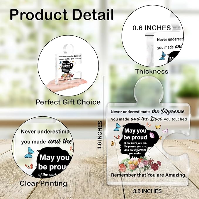 Thank You Gifts for Women - Appreciation Gifts for Nurse Teacher Mom Boss Lady - Never Underestimate the Difference You Made Acrylic Puzzle Piece Plaque Home Office Desk Decor