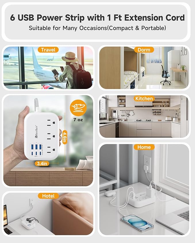 Short Extension Cord 1 Ft- 6 USB(3 USB C) Travel Power Strip with 24W USB Charging Station and 3 Outlets, 1Ft Small Flat Plug Extension Cord Surge Protector for Travel Home College Dorm 1625W