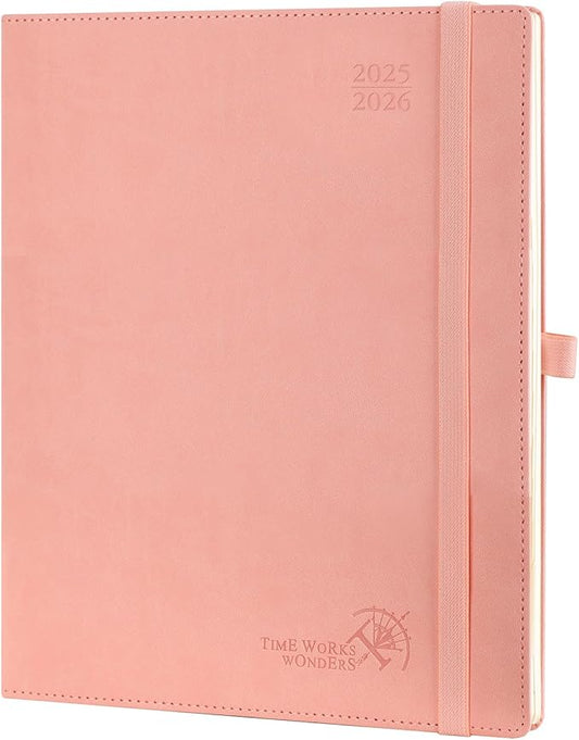 POPRUN Planner 2025-2026 (Large - 8.5'' x 10.5'') Academic Weekly Calendar (July 2025 - June 2026) with Hourly Time Slots, Monthly Tabs, 100GSM Thick Papers, Leather Soft Cover - Pink