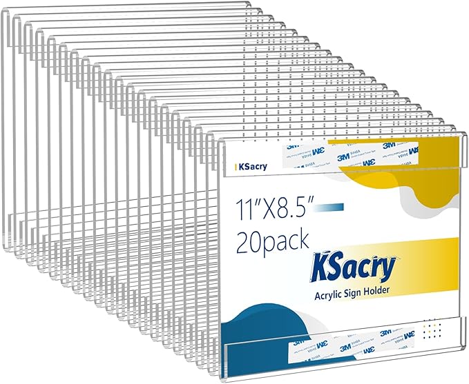 20 Pcs Acrylic Sign Holder 11 x 8.5, Horizontal Wall Mount Sign Holders with 3M Adhesive, Clear Plastic Frames Paper Display Sign Holders for Office, Home, Store, Restaurant - No Drilling