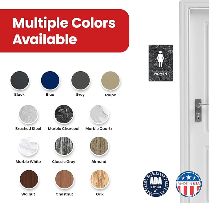 Promot Men and Women Restroom Sign – ADA Braille Bathroom Sign for Business, Self-Adhesive, 9" x 6", Commercial Door Signage, Office Wall Decor - Marble Charcoal