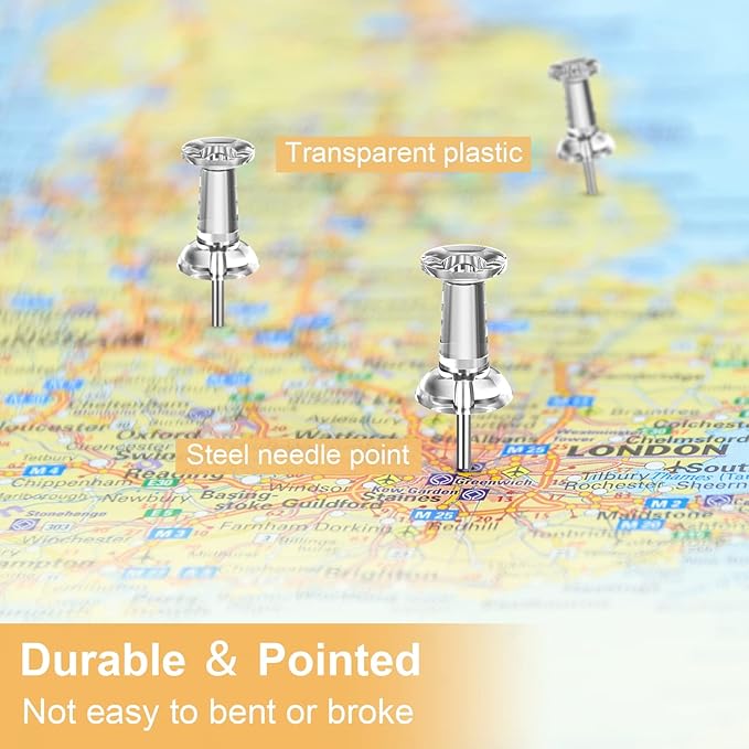 400Pcs Push Pins, Clear Thumb Tacks for Bulletin Board, Stick Pins Thumb Tacks for Cork Board Wall Hangings, Office Push Pins Steel Point and Clear Plastic Head