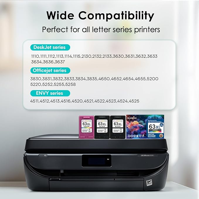 63XL Ink Cartridges Replacement for HP Ink 63 XL (2 Black and 1 Color Combo 3-Pack) for HP63 HP63XL 3830 4650 4520 4512 4510 4652 4655 5200 5255 5252 5258 3630 3632 2132 1112 2130 Printer