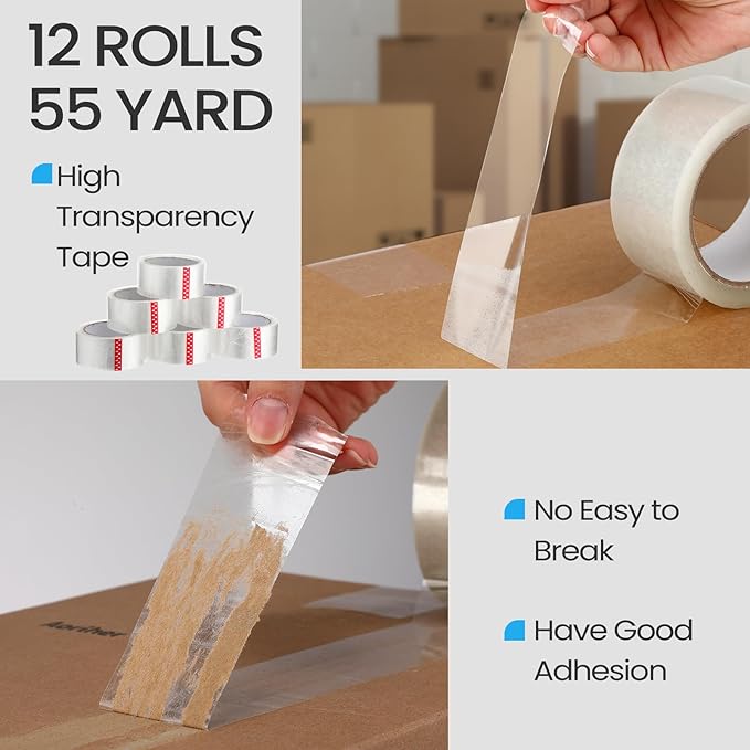 2 Pack Packing Tape Dispenser Gun with 12 Roll Packing Tape 2 Inch Gun 2.7 Mil Heavy Duty Packaging for Shipping, Moving, Carton and Box Sealing(Blue and White)