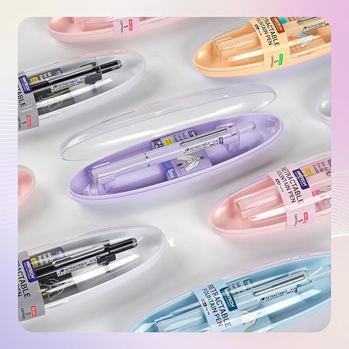 WRITECH Retractable Fountain Pen Set: Black Ink Fine Nib, 5 Refillable Ink Cartridges Included, No Leaking Smooth Writing for Calligraphy Journaling Gift (Pink)