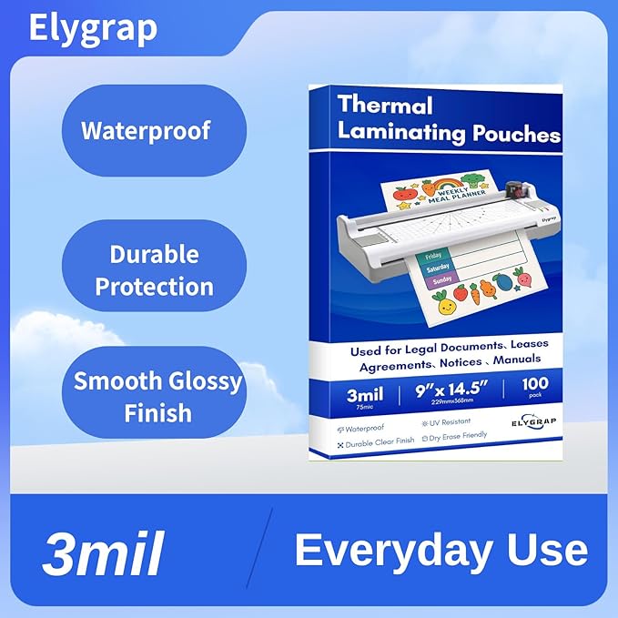 100 Pack Legal Size Laminating Sheets 8.5"x14" (9x14.5) - 3Mil Thick Clear Thermal Pouches for Documents, Compatible with All Laminators - Acid-Free & Bubble-Free Protection