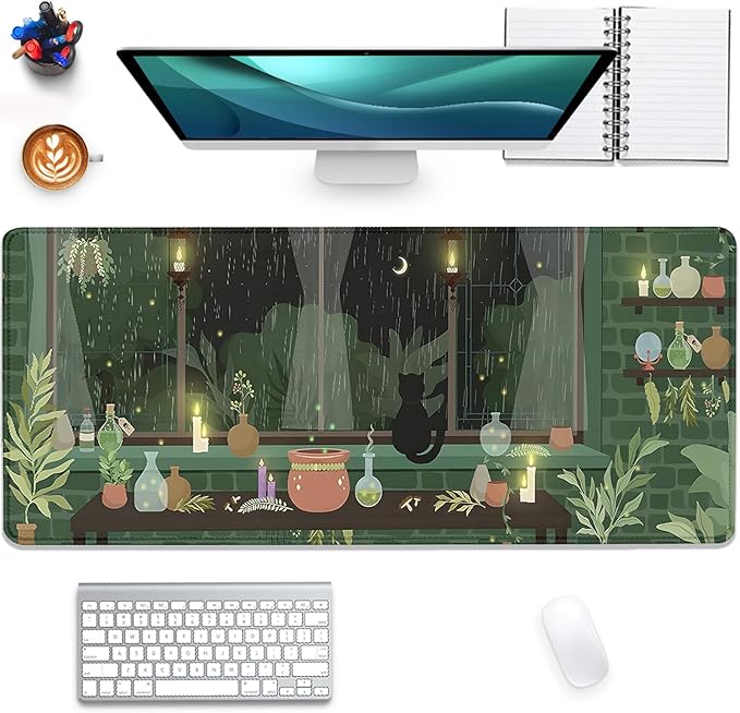 Black Cat Mouse Pad Green Plants Desk Mat Pad Anime Large Gaming Cartoon Cute Mouse Pad,Stitched Edges Non-Slip Waterproof Rubber Base Mous Mat for Office Home Work Gaming(27.5X11.8 in)