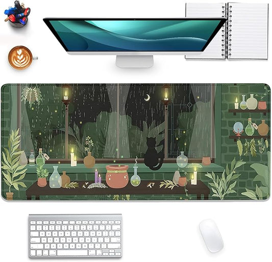 Black Cat Mouse Pad Green Plants Desk Mat Pad Anime Large Gaming Cartoon Cute Mouse Pad,Stitched Edges Non-Slip Waterproof Rubber Base Mous Mat for Office Home Work Gaming(27.5X11.8 in)