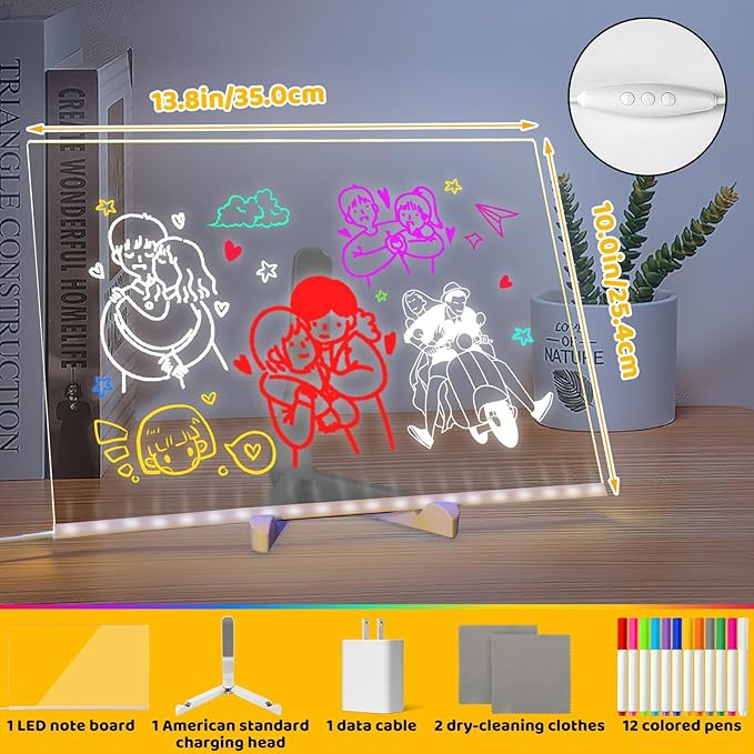 MOUNTCLI 14"x10" LED Note Board with Colors, 7 Modes Glowing Acrylic Dry Erase Board with Light UP Drawing Board LED Glow Message Board with 12 Markers for Kid Adult Xmas Holiday Gifts Room Decor
