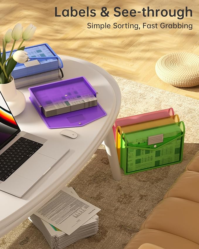 Plastic Expanding File Folder, Transparent envelopes with Snap Closure,No Dividers,Large Capacity,Assorted Colors,Bills&Taxes,Letter/A4 Size for School/Office/Home-7 Pack