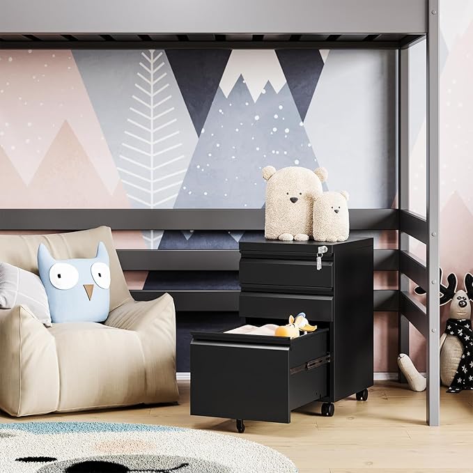 MIIIKO 3 Drawer File Cabinet, Metal Filing Cabinet with Lock Rolling Wheels, Office Storage Under Desk,Deep Drawers for Hanging Legal Letter Fill, Full Assembled Except Casters