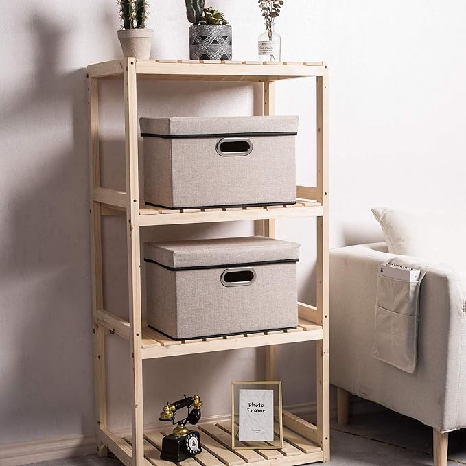 PRANDOM Foldable Storage Bin with Lid [3-Pack] Linen Fabric Decorative Storage Box Organizer Container Basket Cube with Handles Divider for Closet Office Living Room Light Grey(14.9x9.8x9.8)