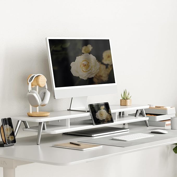 Fenge Dual Monitor Stand, Monitor Stands Riser for 2 monitors, 42.5 Inch Wood Desk Shelf with Storage Organizer and Cable Management for Office Desk Accessories