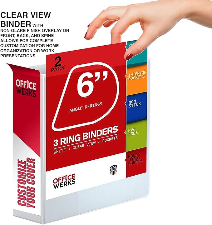 2 Pack of 6 Inch 3 Ring Binder with Locking Angle D Rings, Professional Heavy Duty Large Storage Binder with Pockets, Fits 8.5 x 11 Inch Sheets, Non-Stick Clear View Cover, Customizable, White