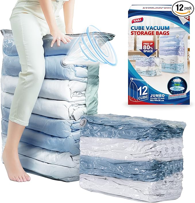 TAILI 12 Pack Vacuum Storage Bags, Jumbo Cube Space Saver (31x40x15 Inch), Large Vacuum Seal Bags for Comforters Blankets Bedding, Closet Organizer, Cream