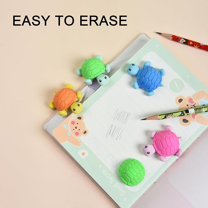 16 Pcs Cute Turtle Pencil Erasers for Kids, Novelty Rubber Turtle Desk Pet Erasers for Classroom Favors Party Supplies