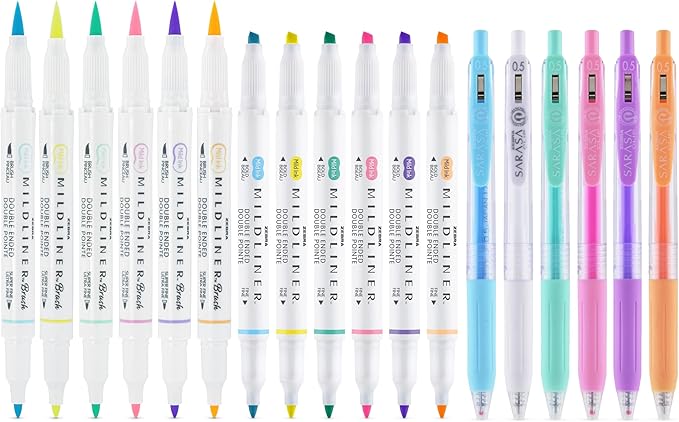 Zebra Pen Journaling and Lettering Set, 18-Pack Pastel Colors, Includes 6 Mildliner Highlighters, 6 Brush Pens, and 6 Sarasa Clip Gel Pens, Ideal for Creative Planning and Hand Lettering (76018)