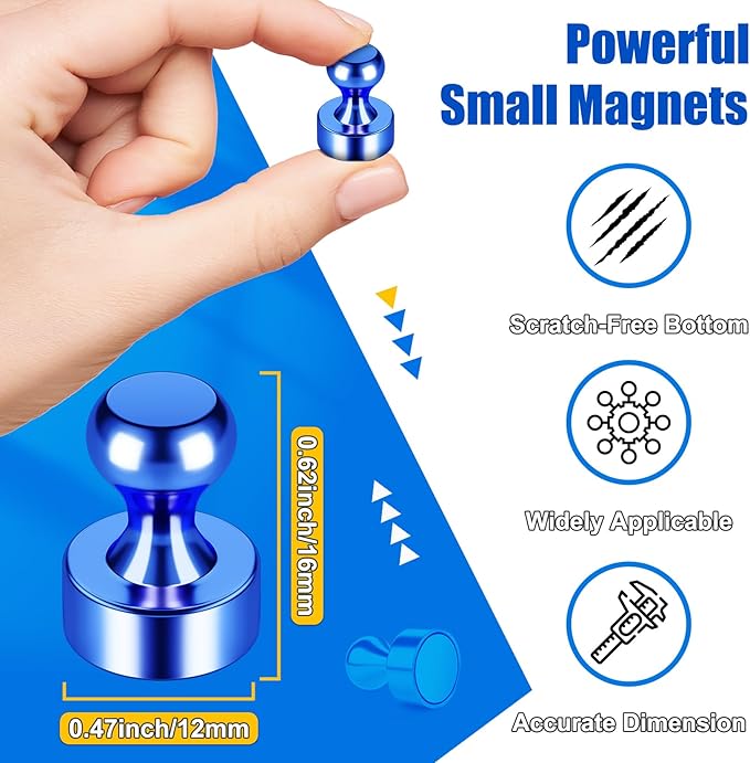Blue Metal Refrigerator Magnets Strong, Tiny Cute Magnets for Whiteboard, 28 Pack Small Magnetic Push Pins, Magnetic Round Clips Heavy Duty for Kitchen, Office, Crafts, Wall