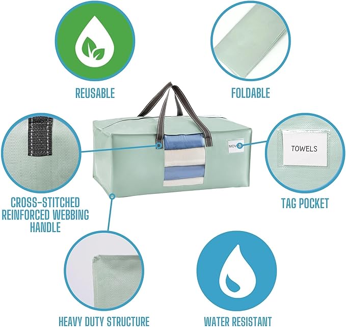 VENO 8 Pack Moving Bags for College, Heavy-Duty Storage Totes, Moving Boxes and Wardrobe Packing Supplies Alternative - Extra Large Durable Laundry Bags for Clothes (Shiny Light Green, 8 Pack)