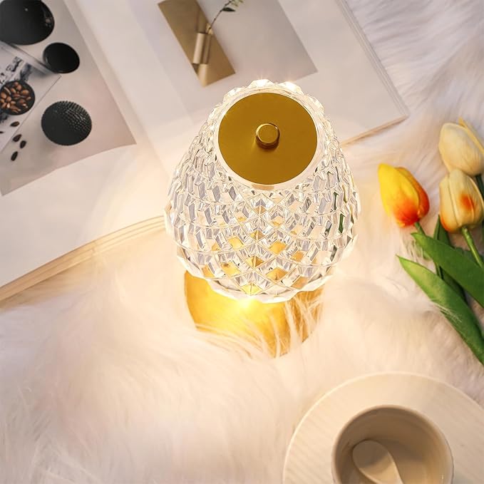 Liliful 1 Pcs LED Portable Cordless Table Lamp Touch Battery Operated Rechargeable Gold Desk Lamp 3 Color Dimmable for Bedroom Living Room Dining (Gold,Diamond Style)