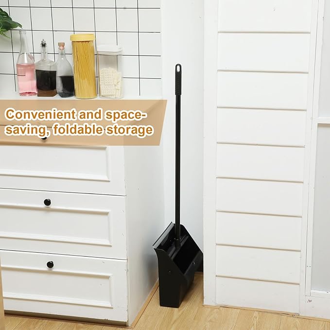 Leumoi 12 Pcs Dust Pans with Long Handle Set 36.6 Inch Commercial Dust Pan with Comb Large Plastic Stand up DustPans for Outdoor Indoor Restaurant Home Office Floor Cleaning (Black)