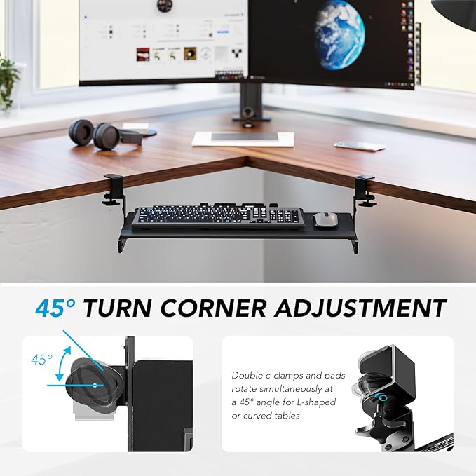 Keyboard Tray Under Desk Pull Out with Extra Sturdy C Clamp Mount System, 27.3 (32.5 inch Including Clamps) x 11 Inch Slide-Out Platform Computer Drawer for Typing Black AX01WB01