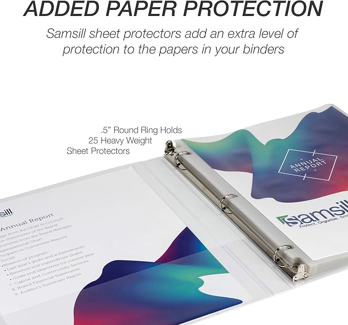 Samsill Durable .5 Inch Binder, Made in the USA, Round Ring Customizable Clear View Binder, White, 8 Pack (S88417)