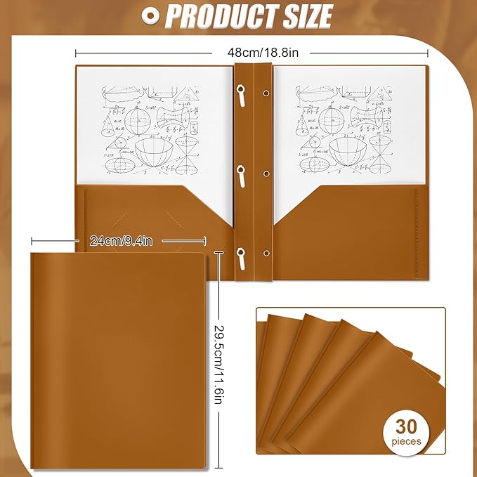 Yeaqee 30 Plastic Folders with Pockets and Prong Plastic Folders with 2 Pockets Pocket for Office, School for Students, Teachers, Office Workers (Brown)