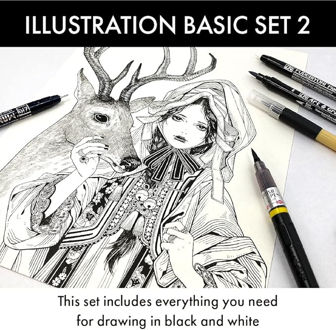 Kuretake Zig Inktober pen set, for Illustration, Manga Drawing, Lettering and Calligraphy, Professional Artist, Made in Japan (Basic No.2(5pcs.))