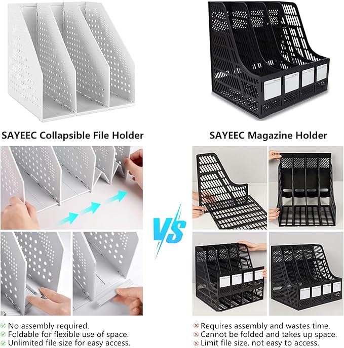 SAYEEC 1Pcs Collapsible Plastic Magazine File Holder Vertical Binder Storage Organizer for Desk Sturdy Upright Desktop Magazine Organizer Folder Rack for Office School Home (3 Compartments, Gray)