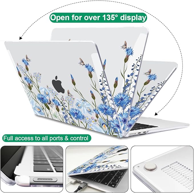Compatible with M4 MacBook Air 13.6 inch Case 2025 2024 2023 2022 A3240 A3113 M3 A2681 M2 Chip, Crystal Pattern Plastic Hard Case Cover for Mac Air 13 M4 Touch ID, Tropical Blue Flowers
