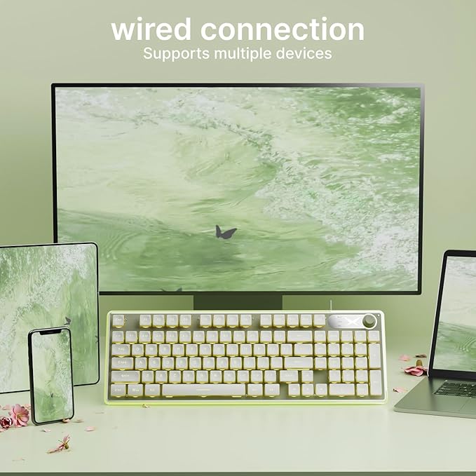 EWEADN F98 Wired Keyboard with Smart Display & Knob,98 Keys Aesthetic Computer Keyboards,Metal Panel,Cute Wired Cream Membrane Keyboard for Windows/PC-Green