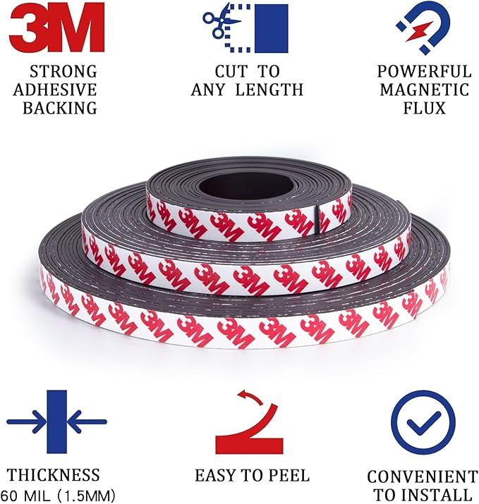 Magnetic Tape Strip Roll with 3M Adhesive Backing,(1in Wide x10ft Long) Flexible Sticky Magnet Tape Strips for Kitchen, Garage Whiteboards Fridge DIY Organization