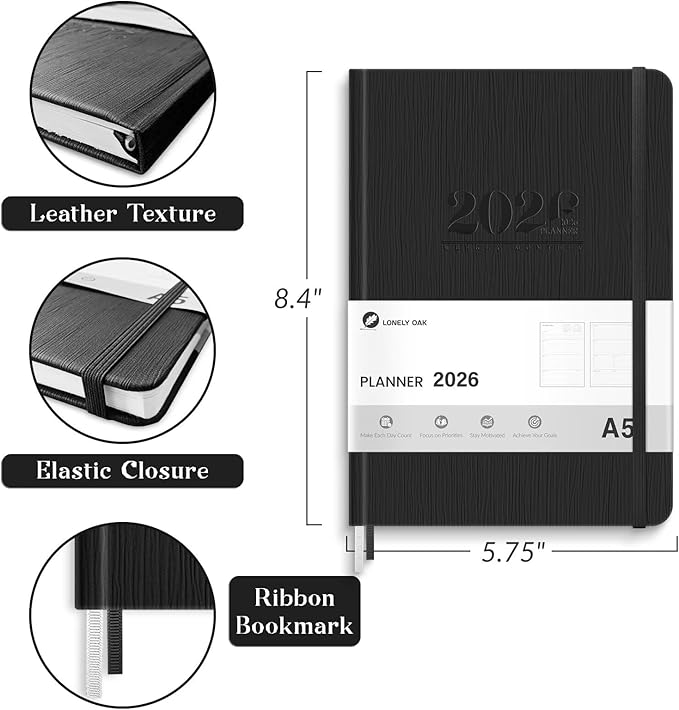 2026 Planner, Weekly and Monthly Planners, Faux Leather Daily Calendar 2026 Planner, 12 Month Agenda from Jan. to Dec., Hardcover Habit Tracker Journal 5.75" x 8.4"(Black)
