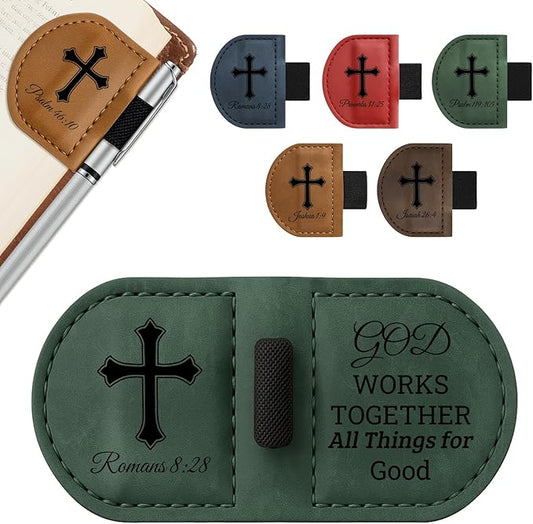 Bygone Mark Personalized Magnetic Leather Bookmark with Pen Holder - Inspirational Bible Verse Scripture Design, Custom Book Marker for Book Lovers Men Women (Green-Romans 8:28)