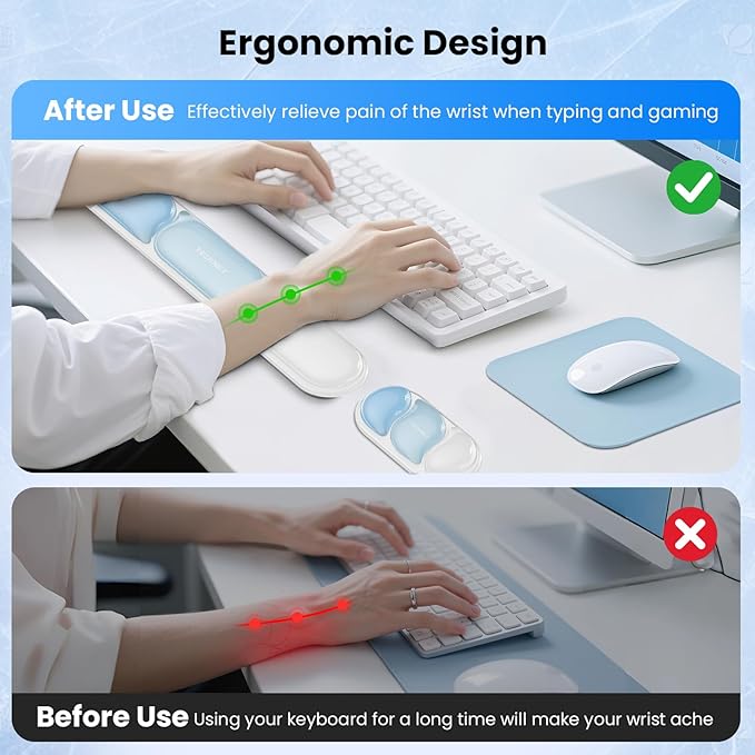 TECKNET Silicone Gel Wrist Rest for Computer Keyboard, Ergonomic Clear Gel Keyboard Wrist Rest Set for Typing Pain Relief, Comfortable Cool-Touch Wrist Support Pad for Office, Gaming, Study, Blue