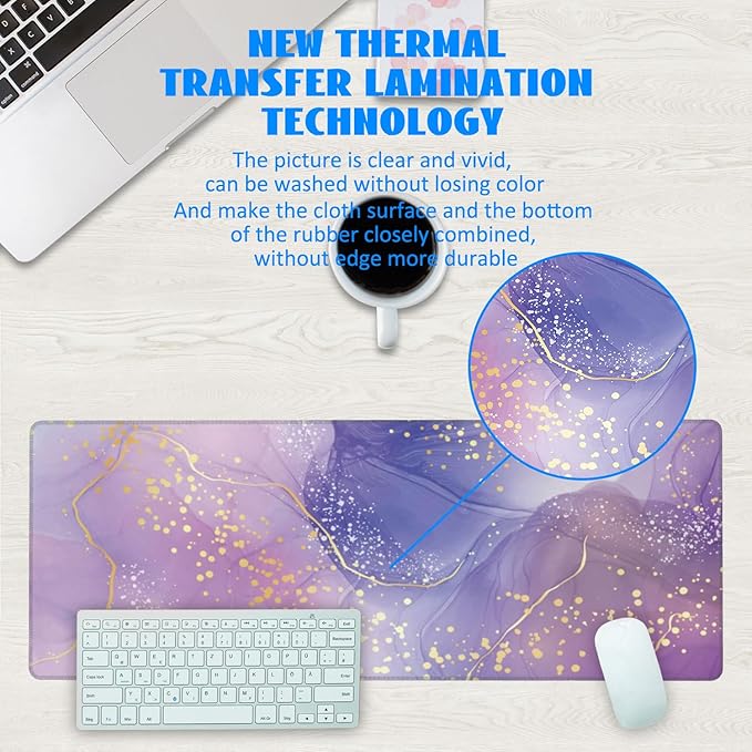 Desk Mat, Purple Rose and Lavender Liquid Marble Extended Gaming Mouse Pad Large, 31.5"x11.8" Big Mouse Pad with Non-Slip Base and Stitched Edge, Long Computer Keyboard Mouse Mat for Home Office Work