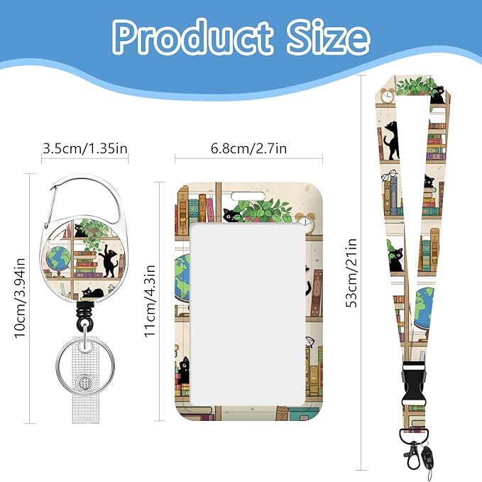 Cute Cat Lanyard with Id Holder,Bookshelf ID Badge Holder with Retractable Lanyard, ID Holder with Badge Reel Clips, Animal Keychain Name Tag ID Card Holder Teacher Women Doctor Office Gift