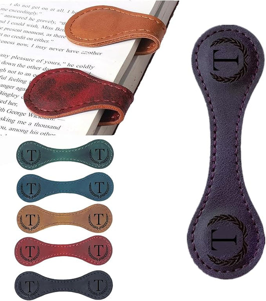 Personalized Magnetic Leather Bookmark, 26 Letters Custom Leather Bookmarks, Handmade, Leather Magnetic Bookmark for Book Lovers Readers Women Kid(Purple，T）
