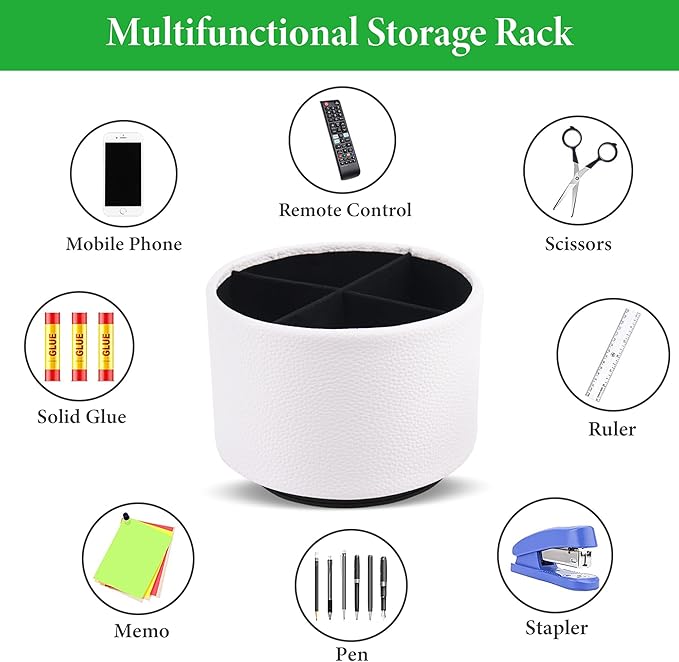 Hennaja Round Leather Art Supply Organizer,Remote Control Holder,360 Degree Spinning,Multi-Functional Pencil Holder,4 Compartments Desktop Stationary Organizer(1-Lichee White)