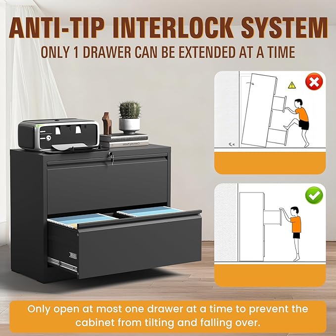 2-Drawer Lateral File Cabinet with Lock, Black Metal Filing Cabinet for Office or Home – Secure Storage for Letter/Legal/A4/F4 Documents, Easy to Assemble Locking File Organizer (Black, 2 Drawer-26"W)