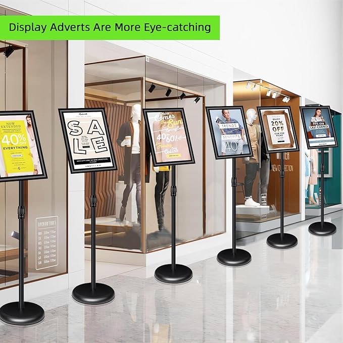 6Pack Adjustable Pedestal Sign Holder - 8.5''x11'', Floor Standing Poster Sign Stand, Aluminum Frame for Vertical/Horizontal View, Outdoor/Indoor Use, Black