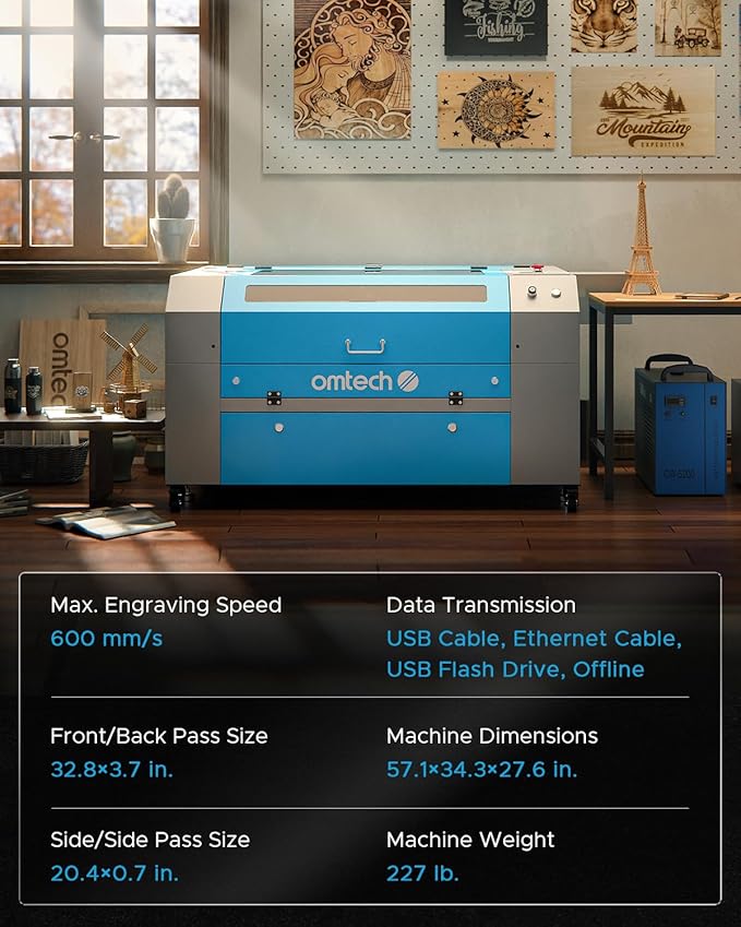 OMTech 90W CO2 Laser Engraver | 20"x28" Work Area | Air Assist & 4-Way Pass-Through | Water Pump | Cuts & Etches Wood, Glass, Acrylic | High-Power, Safe, Efficient Commercial Laser Cutter