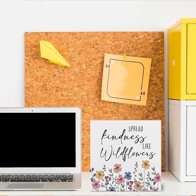 Wildflowers Decor Gift for Spreading Kindness Farmhouse Flowers Decorations Home Office Wood Sign for Desk Table Shelf 5 x 5 Inches