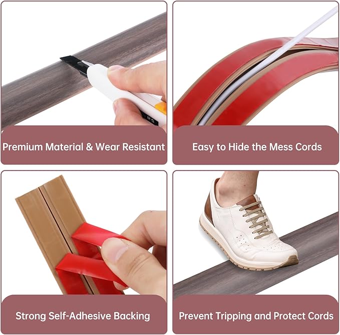Floor Cord Cover Self Adhesive Cord Hider Floor Extension Cord Covers for Floor Power Cord Protector Cable Management Prevent Cable Trips Cable Cavity 0.47" W x 0.27" H (Brown Walnut Wood, 3.3Ft)