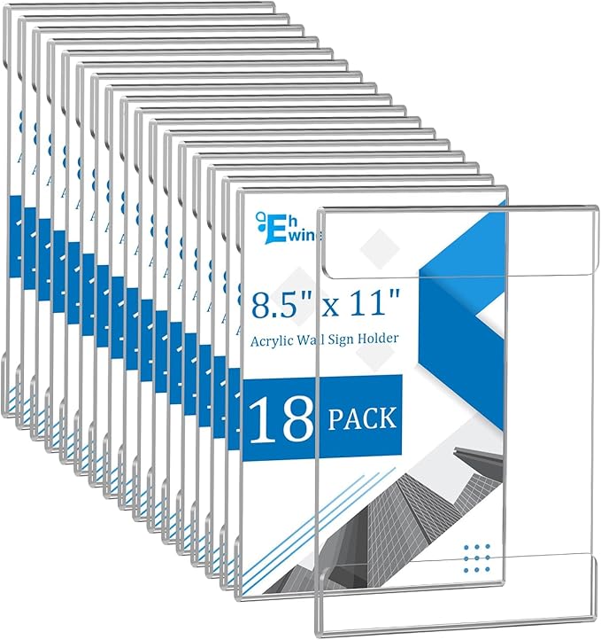 EHWINE 18 Pack 8.5 x 11 Wall Mount Acrylic Sign Holder, Wall Signs Photo Menu Flyer Display Holders, Plastic Clear Acrylic Frames for Office Home Hotel Business Store (with Adhesive Tape)