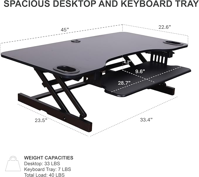Rocelco 45" Height Adjustable Standing Desk Converter with Dual Monitor Mount and Slide Out Retractable Keyboard Tray - Sit Stand Up Triple Screen Tabletop Riser Workstation - Black (R ADRB-45-DM2)